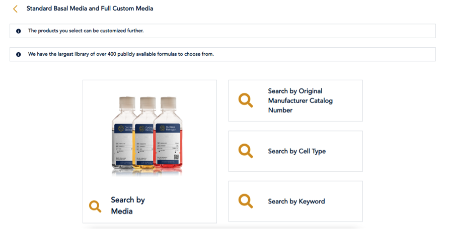 customizing by searching for the base media using cell type, keyword or manufacturer catalog number
